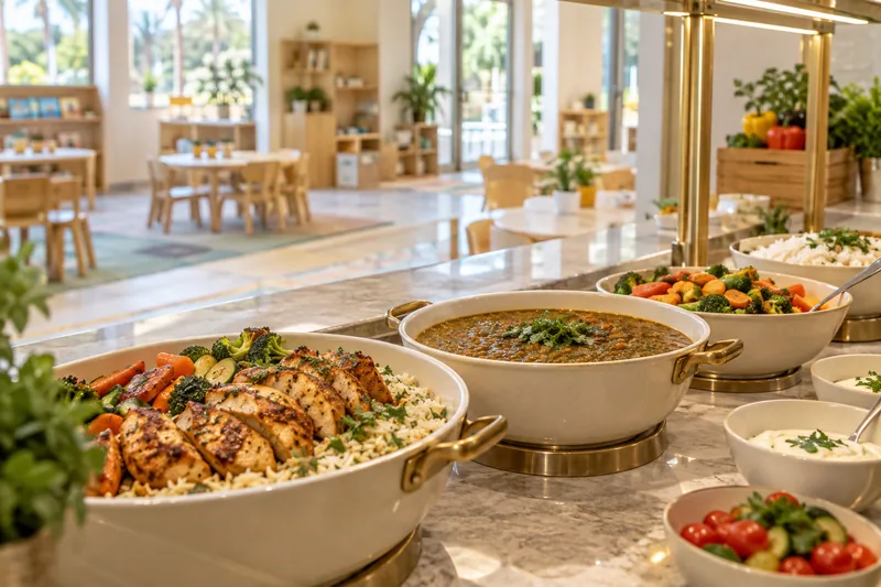 Prepared meal dishes in a nursery dining setting
