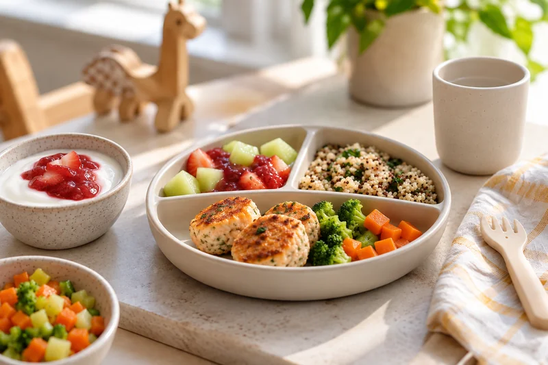 A nursery meal with fish cakes, grains, cooked diced vegetables, yoghurt and fruit compote