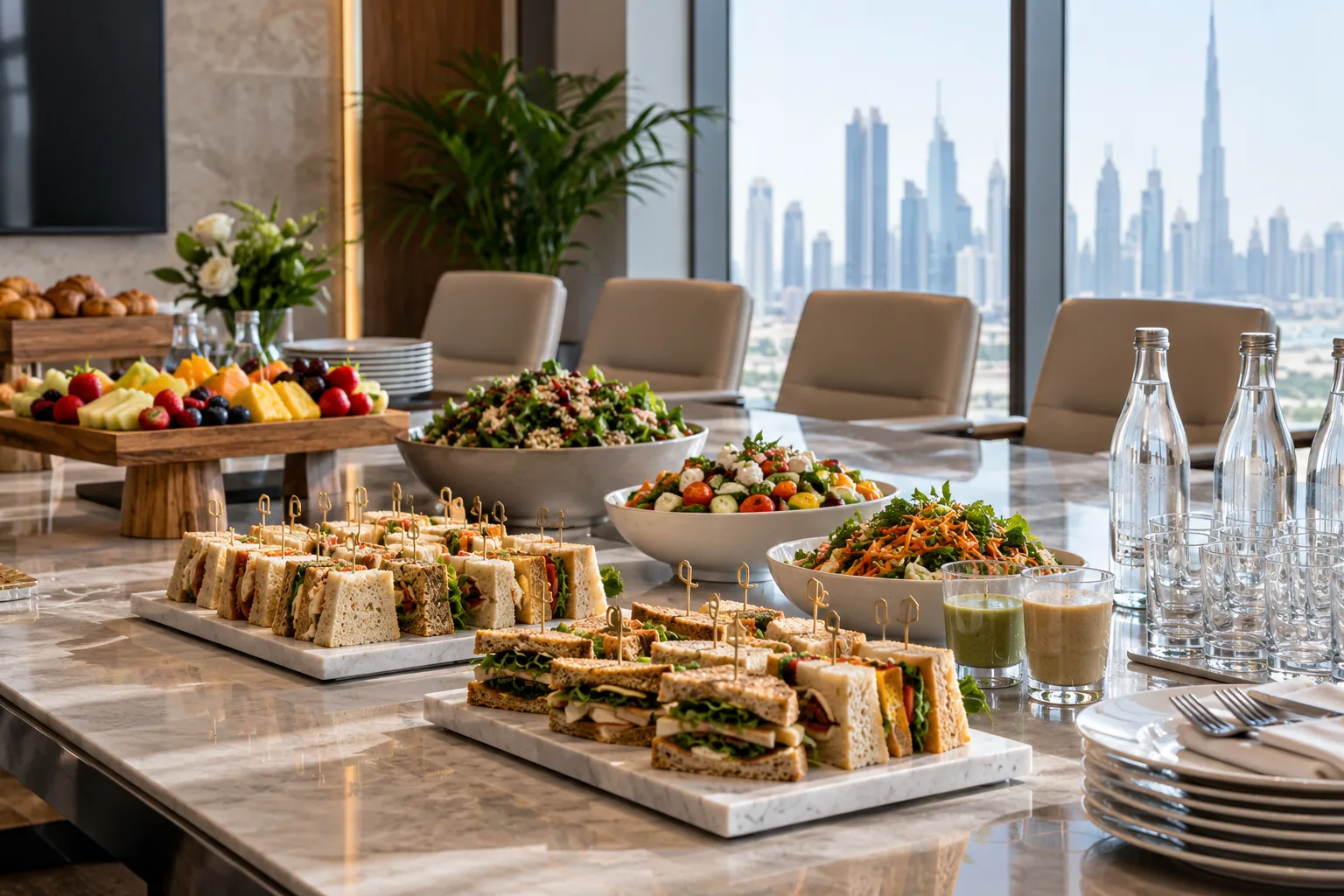 Sandwiches, salads and fruit arranged for a boardroom lunch