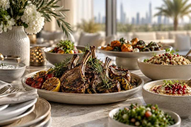 Lamb cutlets with salads, hummus and sharing dishes at a private celebration
