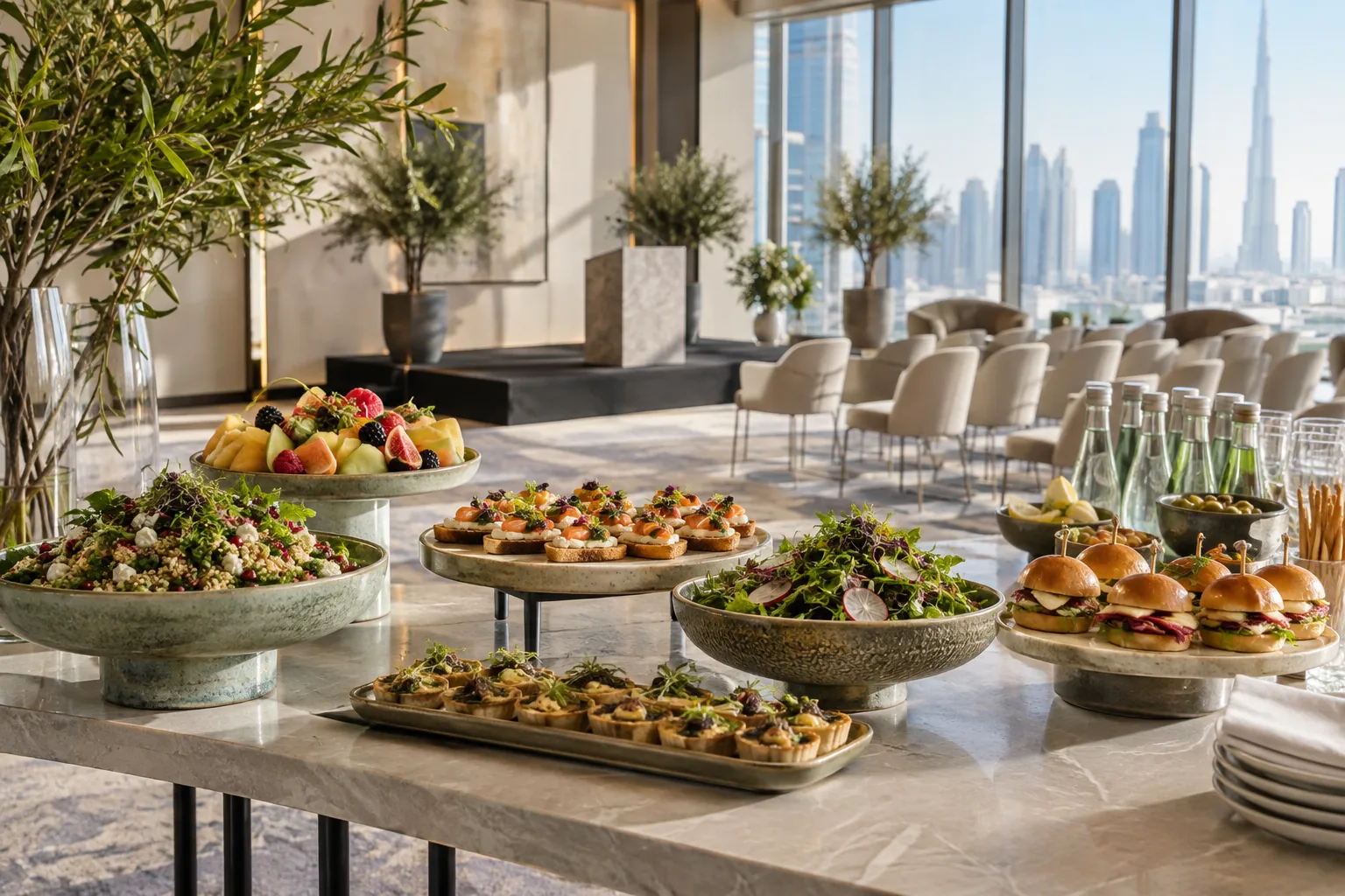 Small bites and refreshments on a product launch reception table