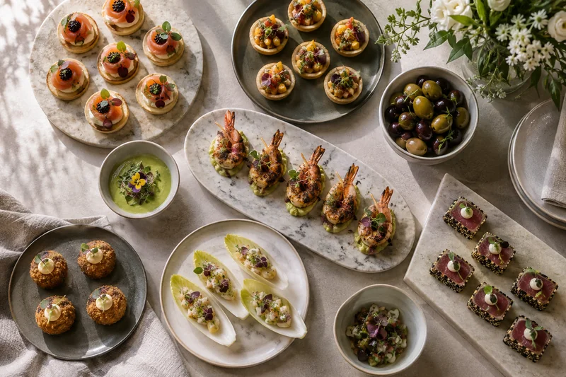 An overhead selection of delicate seafood and savoury canapés