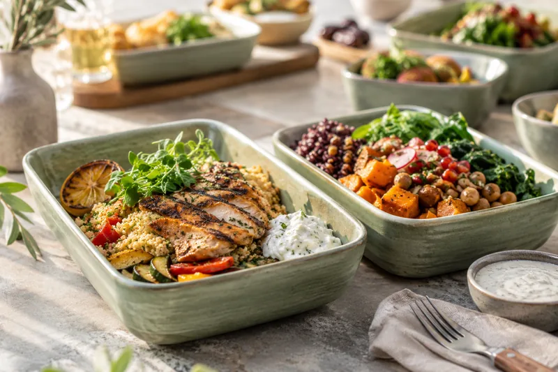 Individual crew meals with grains, vegetables and prepared mains