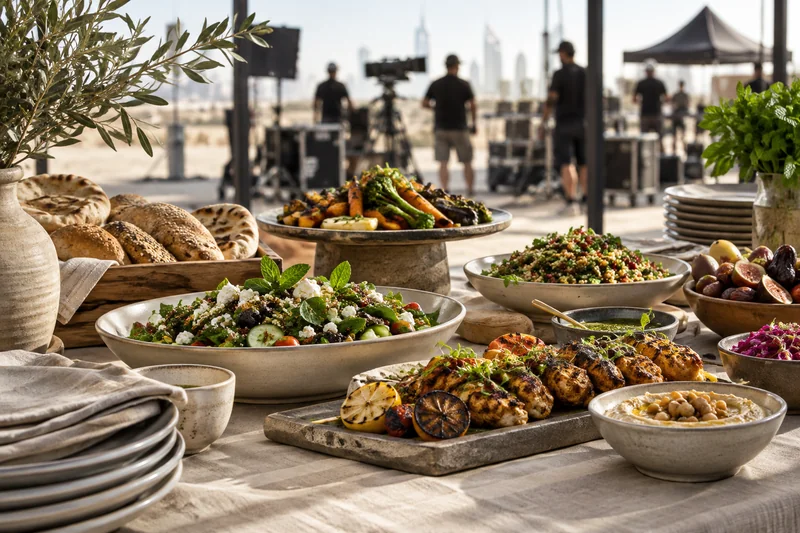 A production catering buffet with grilled chicken, salads and crew equipment in the background