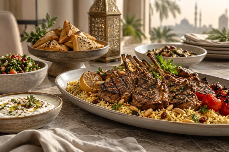 Lamb cutlets on rice with savoury pastries and salads for Ramadan