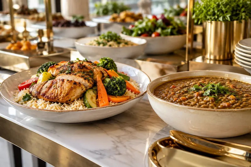 Rice, vegetables and a prepared main arranged in a school dining setting