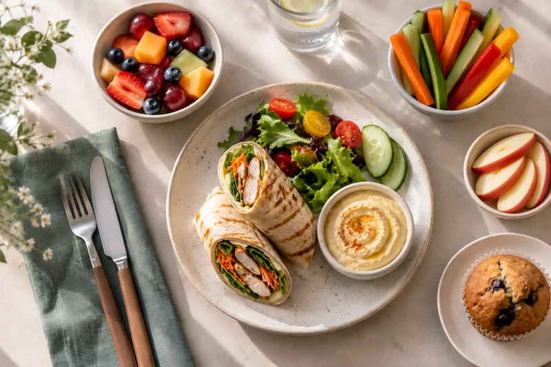 A school lunch with a chicken wrap, salad, hummus, sliced apple and fruit