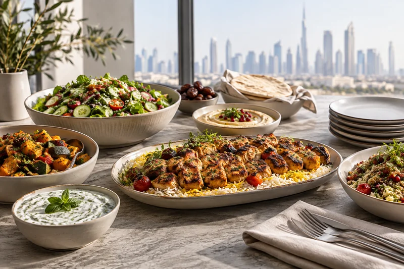 A staff lunch spread with grilled chicken, rice and vegetable side dishes