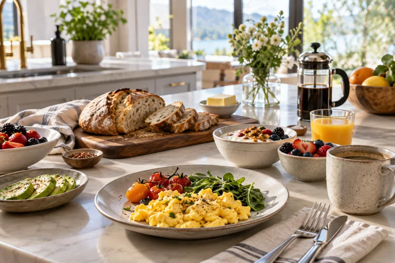 Fresh breakfast at home with scrambled eggs, warm bread, fruit, yoghurt and coffee on an ivory kitchen island, natural morning window light, appetising realistic textures
