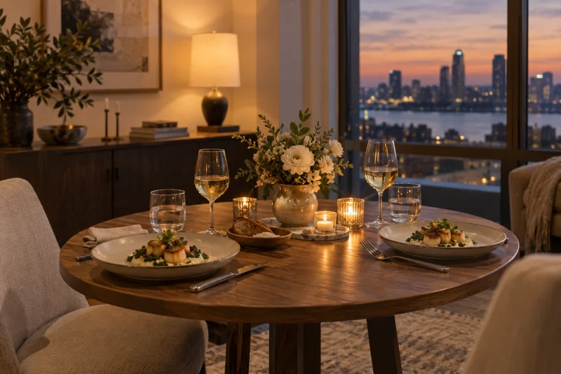 A dinner table set for two with candles and a small floral arrangement in a Dubai apartment