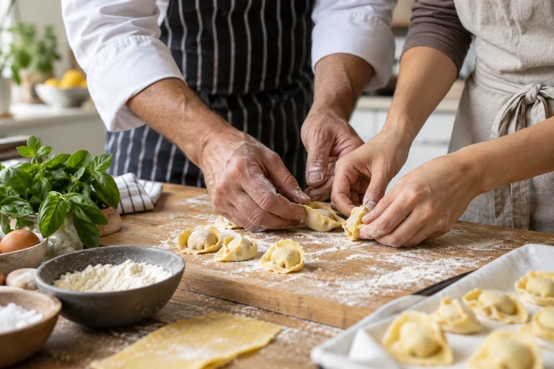 Two pairs of hands, an adult chef guiding an adult learner to shape fresh pasta on a wooden board in a light home kitchen