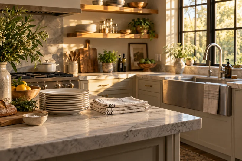 Beautiful clean domestic kitchen after cooking, neatly stacked ivory plates, folded linen towels, stainless sink and warm wood shelves, no people, late afternoon daylight