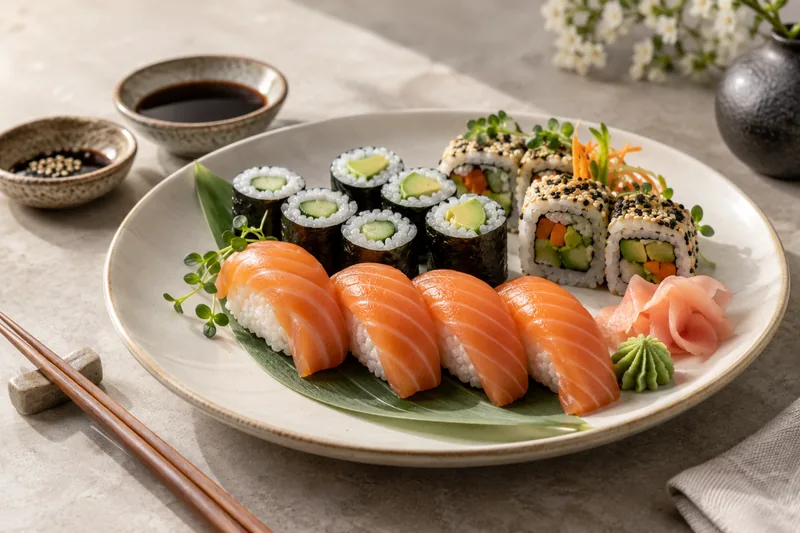 A platter of sushi rolls and salmon nigiri