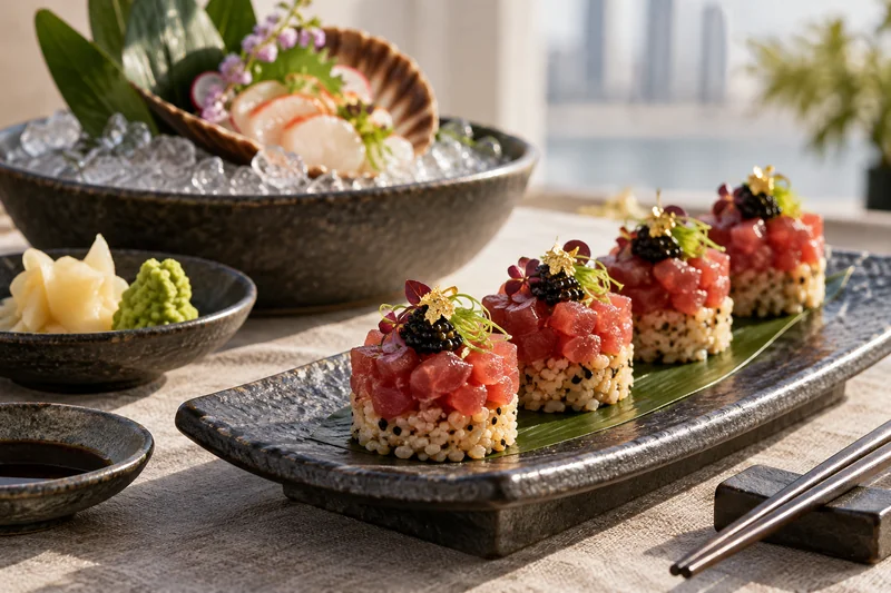 Tuna-topped rice bites with ginger, wasabi and a chilled seafood dish