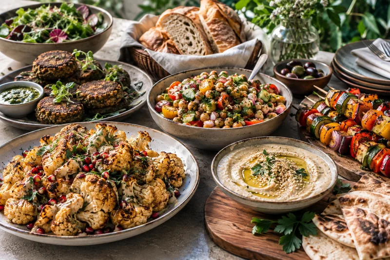 Roasted vegetables, grains, hummus and salads on a plant-based table