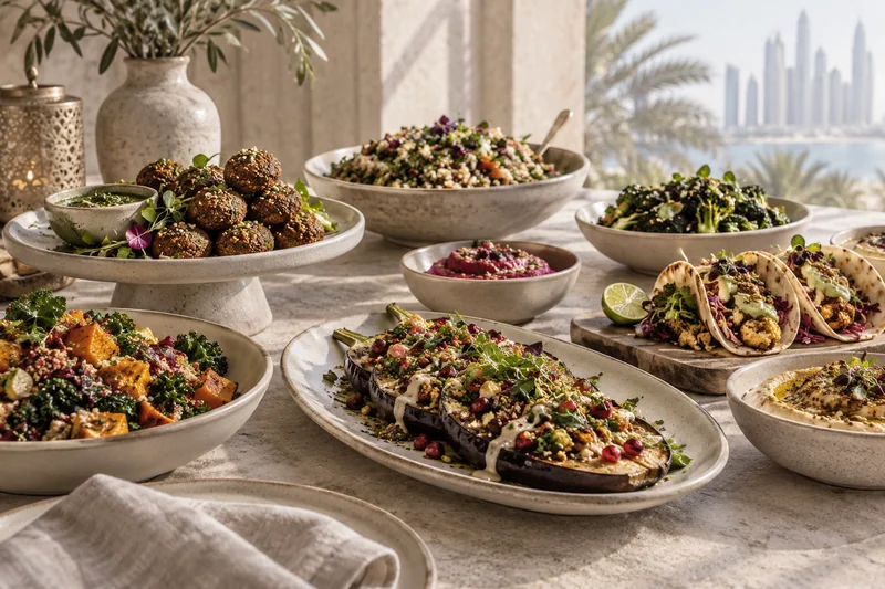 A vegan spread with roasted aubergine, falafel, cauliflower tacos, hummus and grain salads