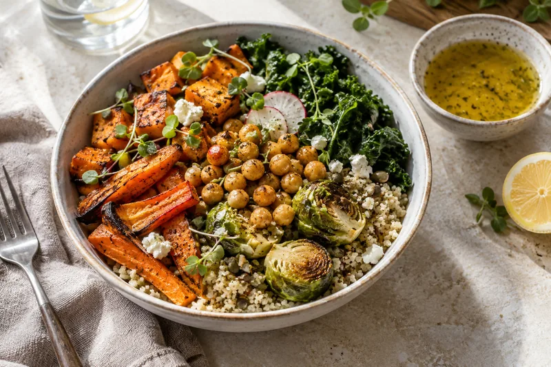 A bowl of vegetables and grains prepared for a vegetarian meal