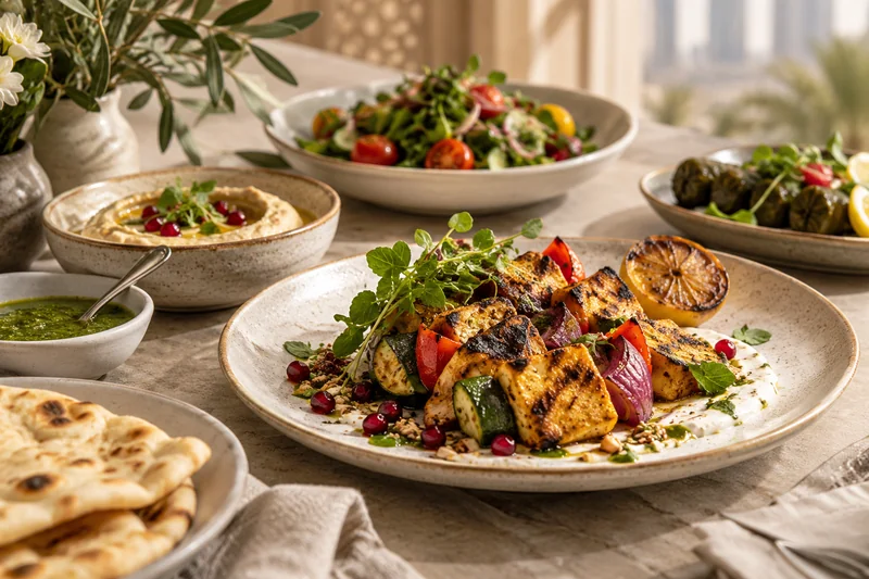 Grilled cheese and vegetables with hummus, flatbread and fresh salads