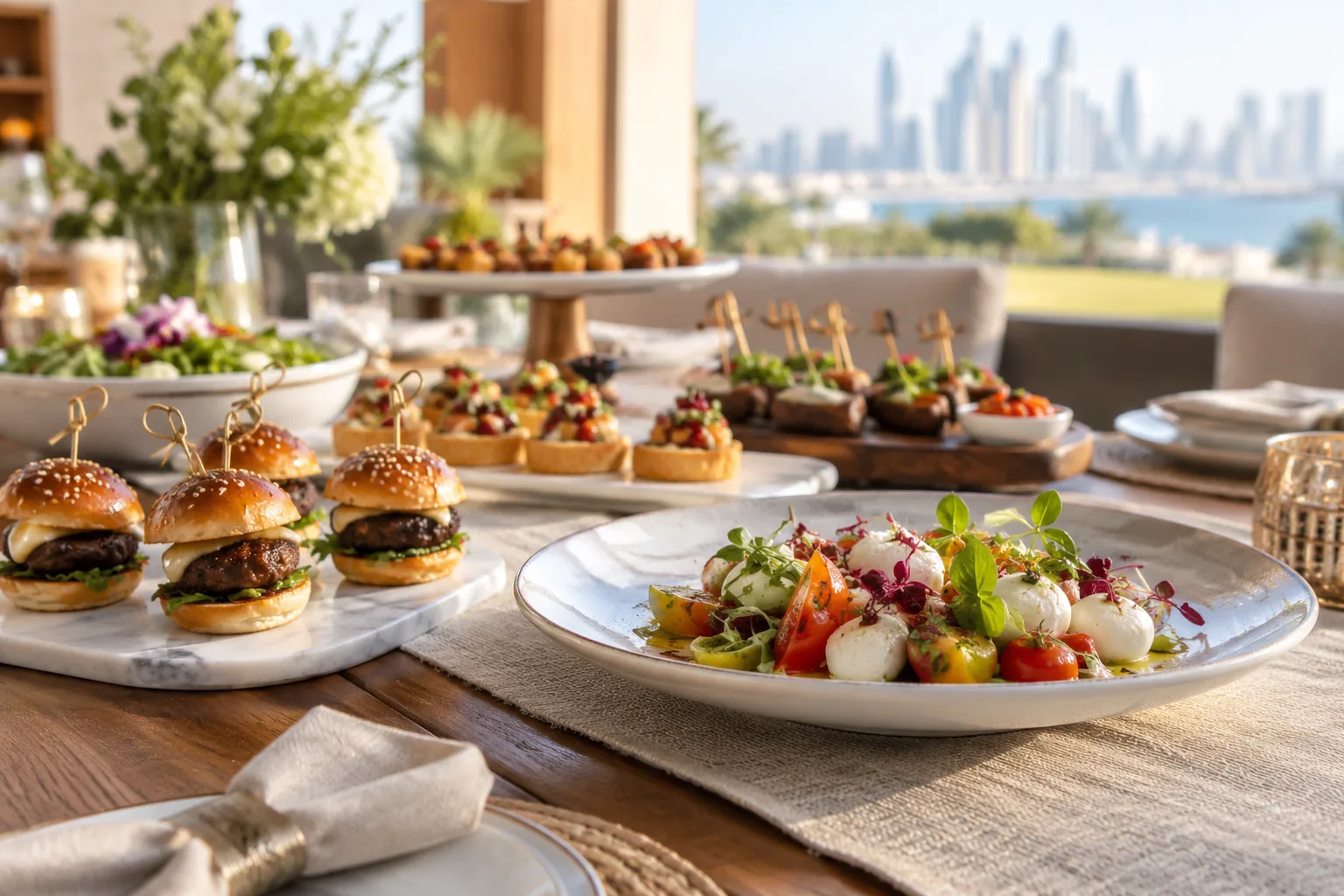 Small burgers and fresh dishes arranged on a villa terrace