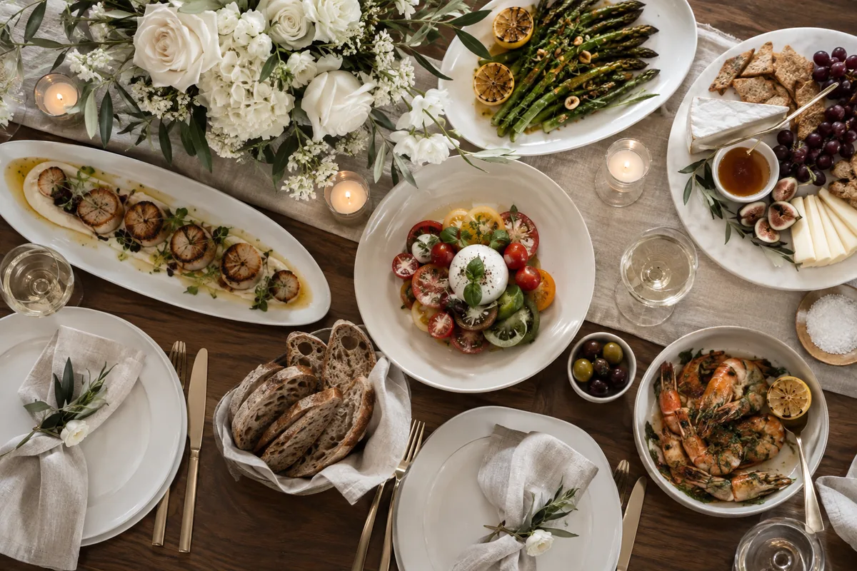 Plated wedding dishes and accompaniments photographed from above