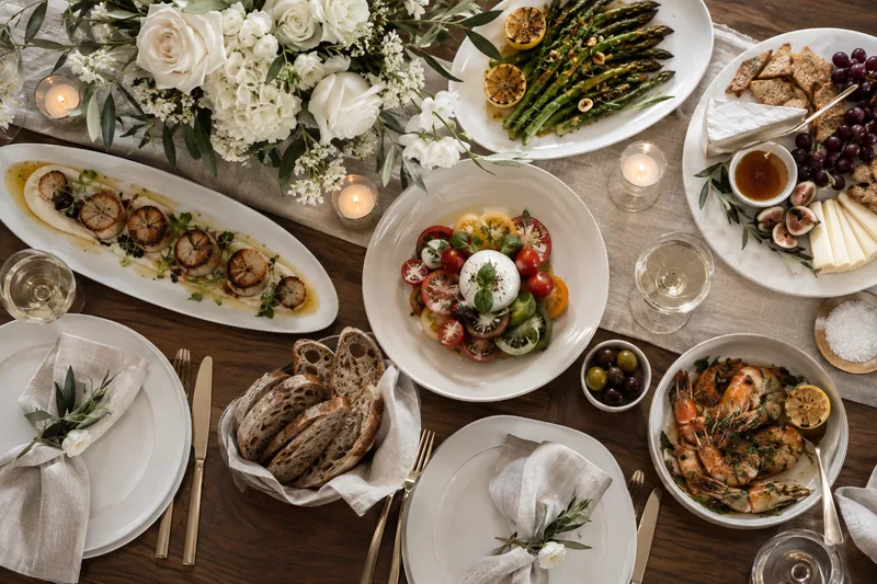 Plated wedding dishes and accompaniments photographed from above
