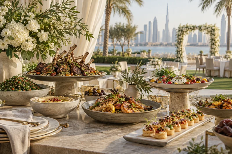 A wedding buffet with elegant serving platters and a floral ceremony setting