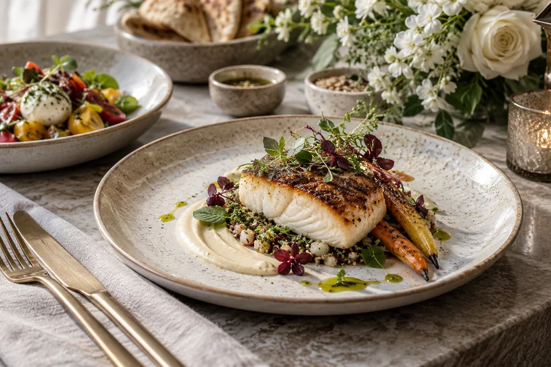 A plated fish course beside white flowers and salads at a wedding table