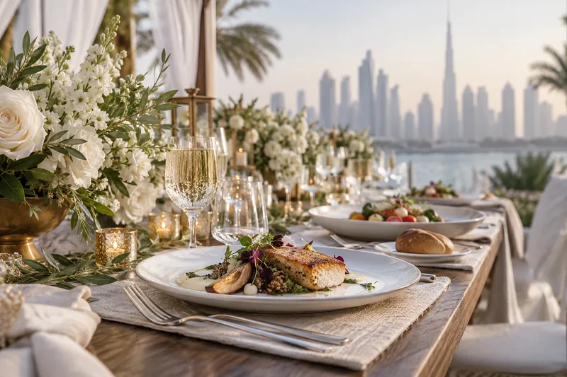 A wedding dining table with plated food and white floral arrangements