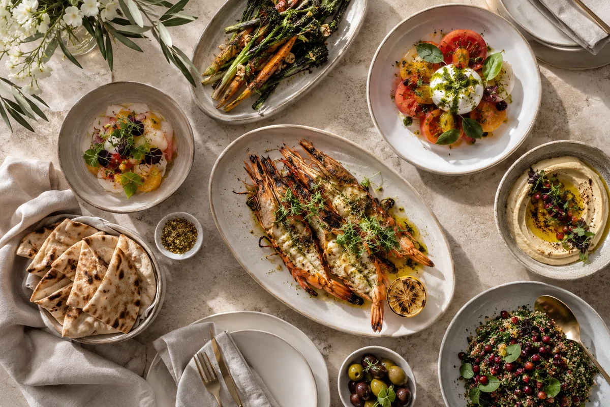 A shared wedding menu selection with fish, salads and vegetable dishes