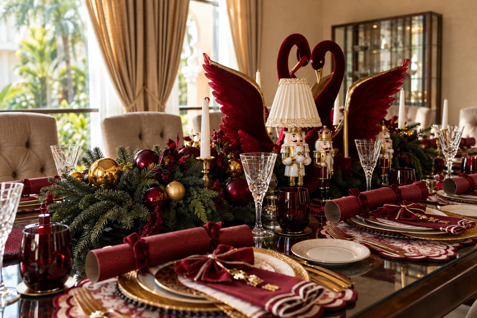 Fir, nutcrackers and red velvet swans down the centre of a dressed Christmas table, from a previous myCHEF sitting.