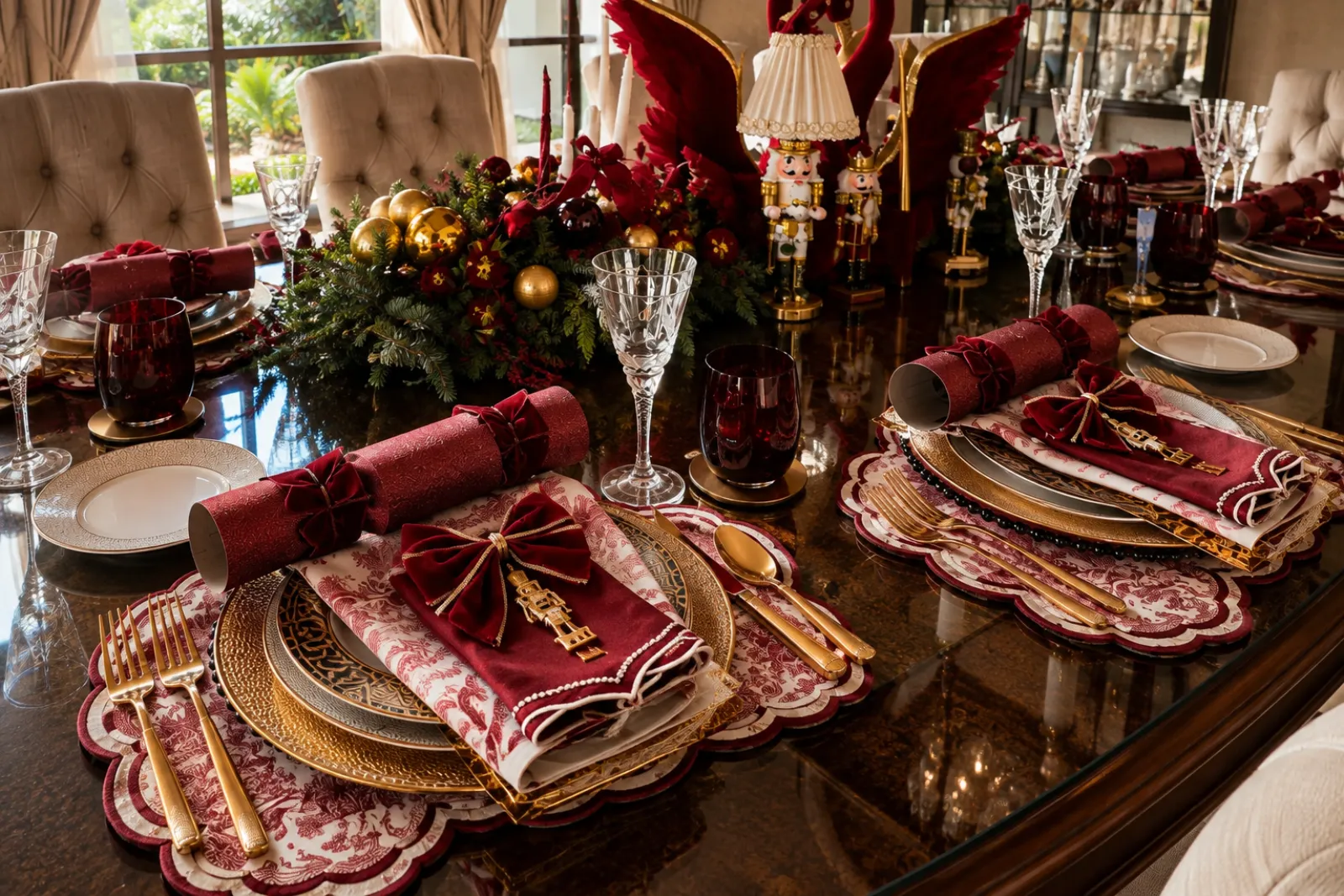 Two Christmas place settings with crackers, burgundy napkins and gold cutlery, from a previous myCHEF sitting.