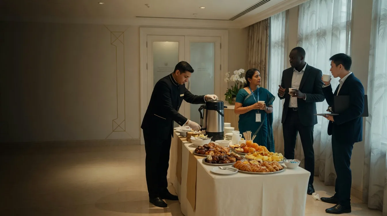 Conference coffee break with hospitality staff. Experience concept shown.