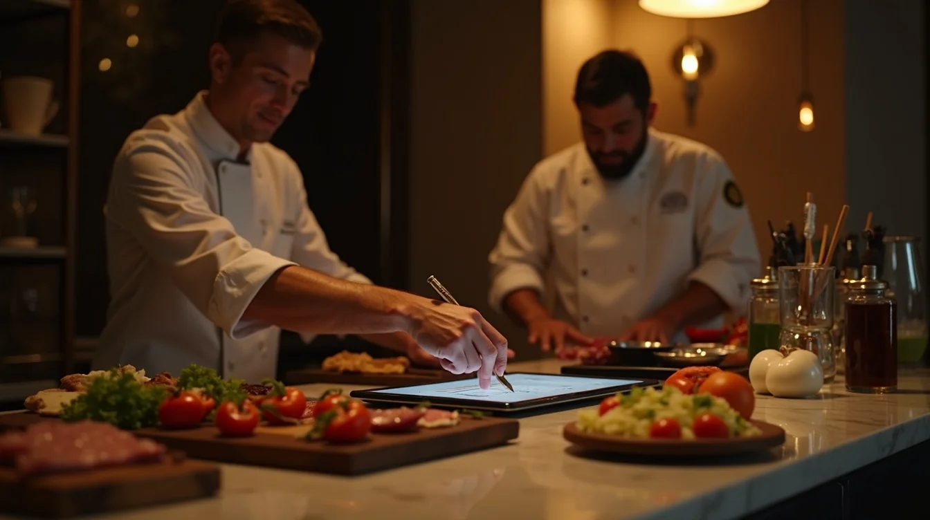 Private chef consultation with premium ingredients in a Dubai villa kitchen