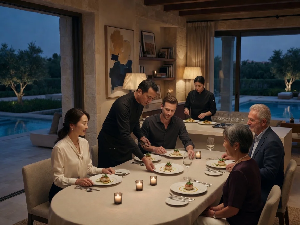 Plated courses at an engagement dinner in a Dubai home. Experience concept shown.