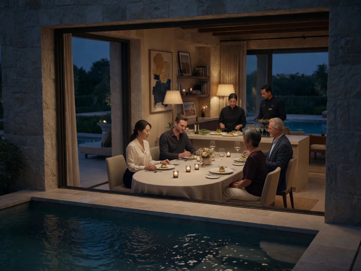 A villa set for an engagement gathering in Dubai. Experience concept shown.