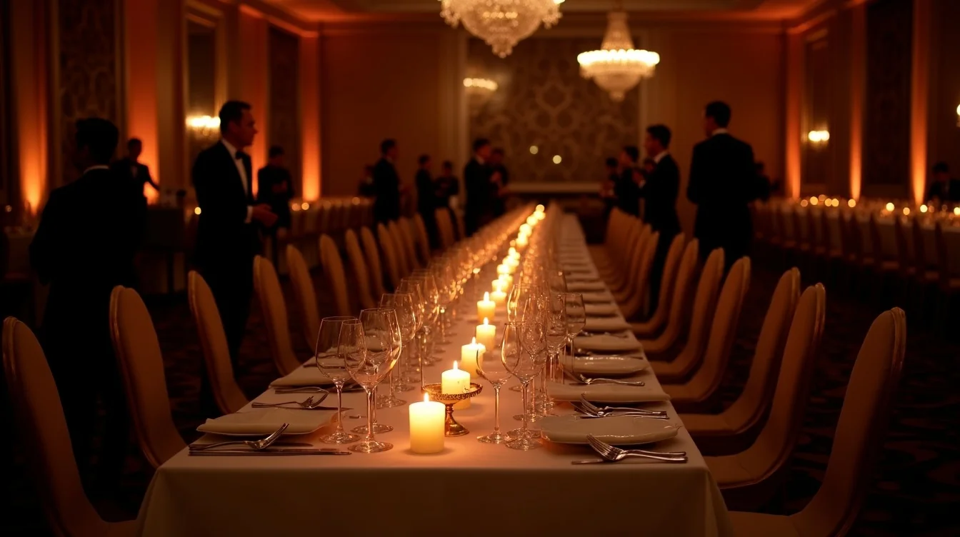 A hotel ballroom set for a wedding dinner in Dubai. Experience concept shown.