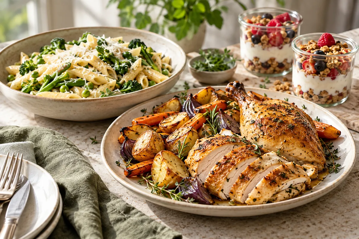 Roast chicken, baked fish, vegetable pasta and prepared breakfast pots.