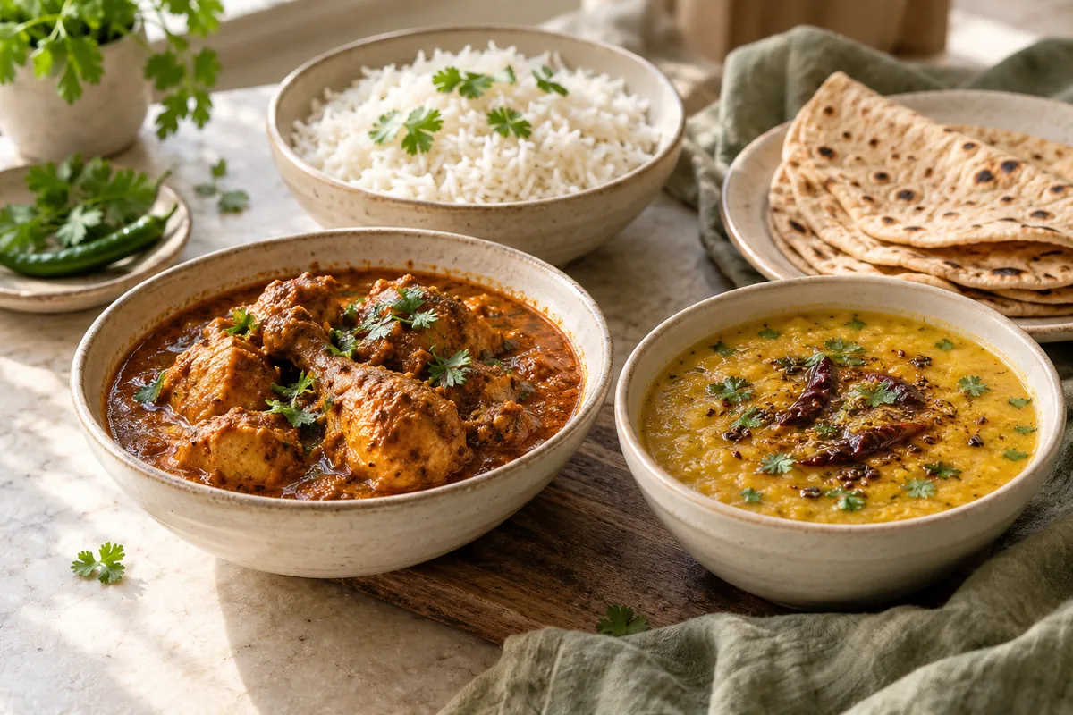 Dal tadka, chicken curry, seasonal sabzi, rice and chapati.