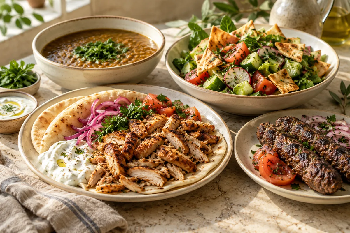 Lentil soup, chicken shawarma plates, fattoush and kofta.