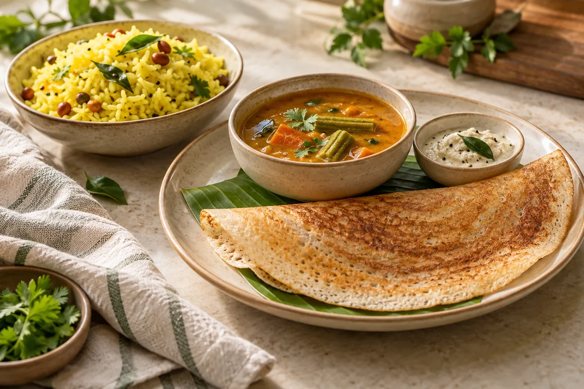 Idli, dosa, sambar, vegetable poriyal and lemon rice.