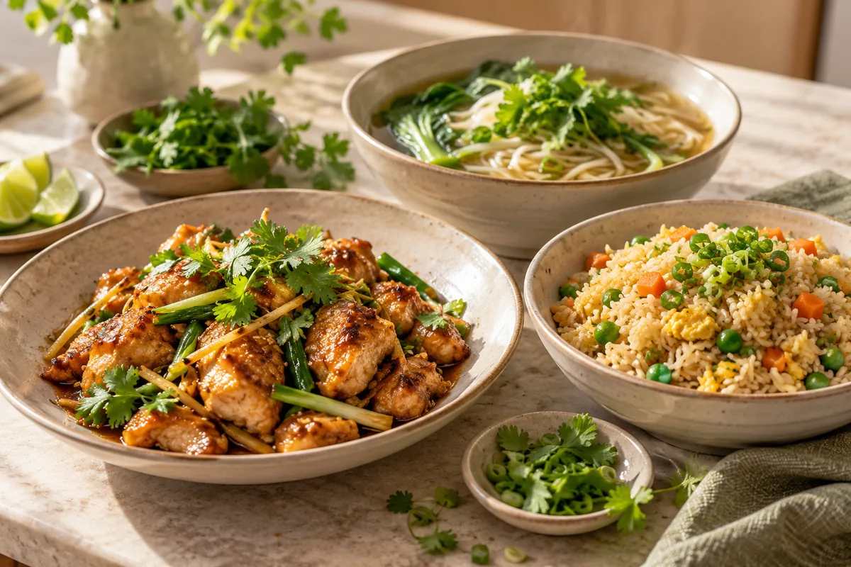Ginger chicken, vegetable fried rice, noodle soup and steamed fish.