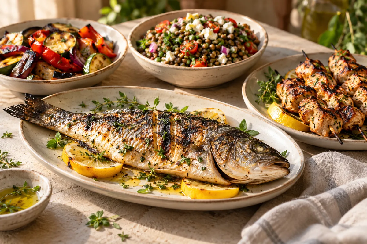 Grilled seabass, chicken souvlaki, roasted vegetables and lentil salad.