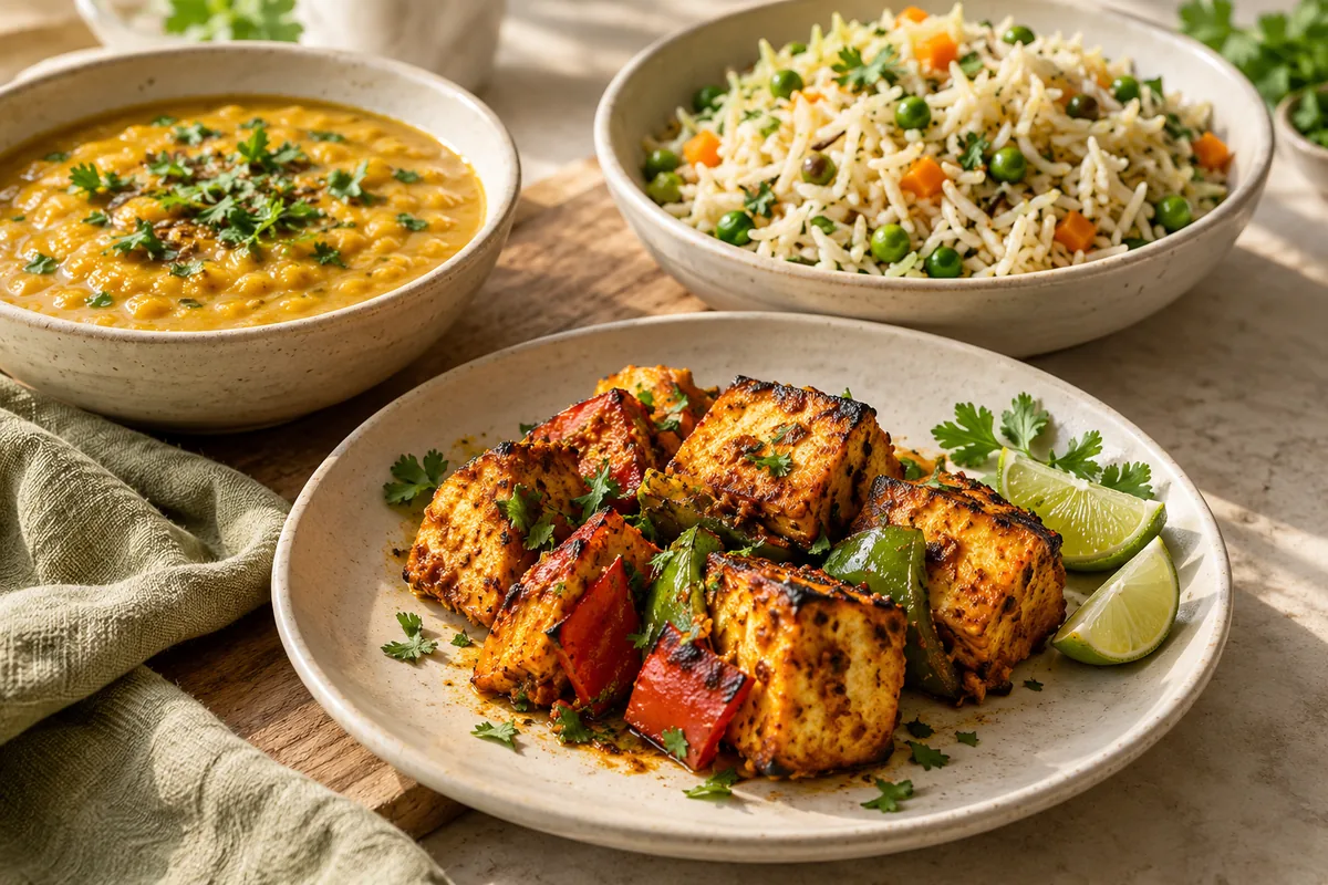 Paneer tikka, dal, vegetable pulao and onion-free dishes.