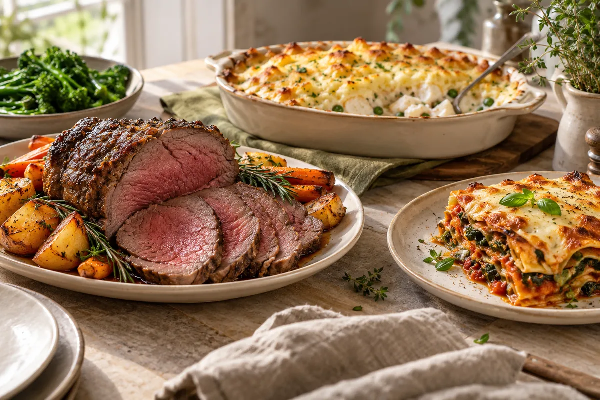 Roast beef, fish pie, chicken casserole and vegetable lasagne.