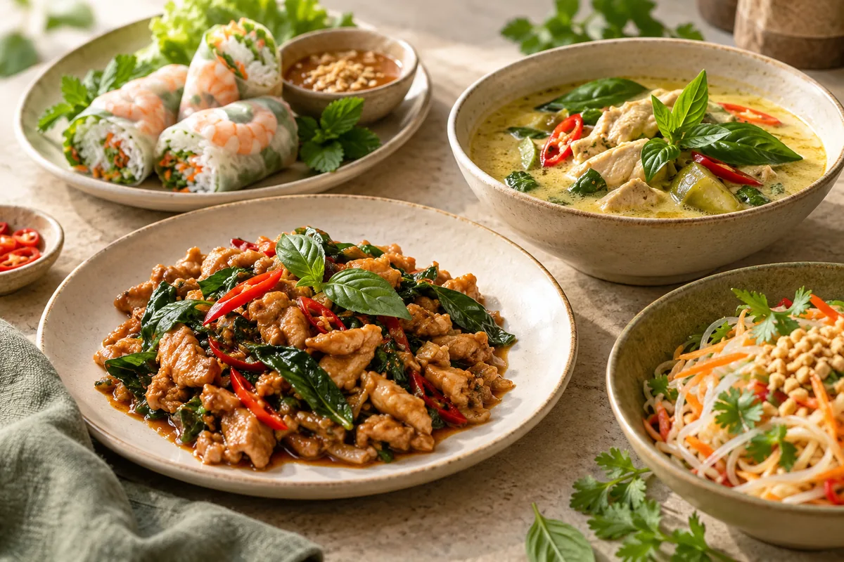 Thai basil chicken, mild coconut curry, summer rolls and noodle salads.