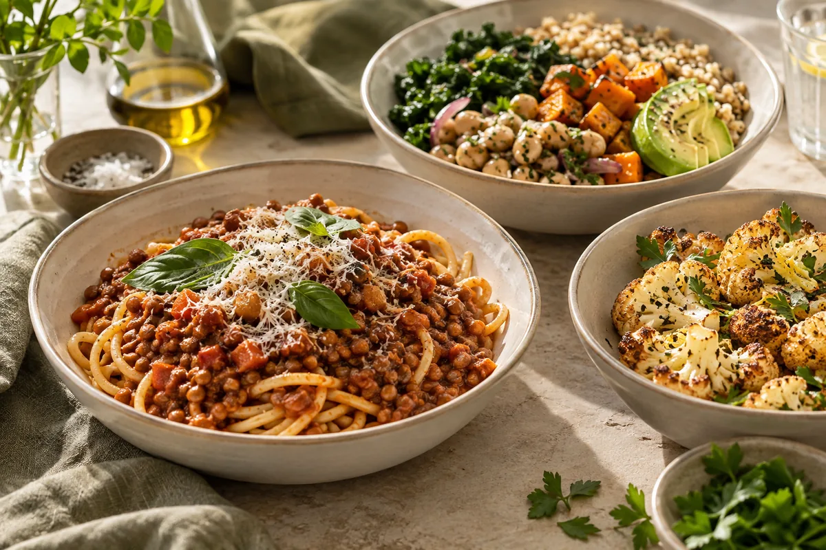 Lentil bolognese, roasted cauliflower, grain bowls and bean stews.