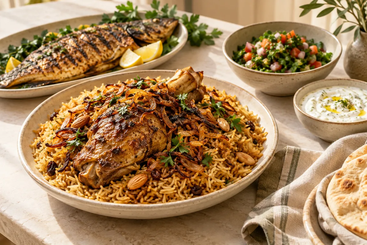Machboos, lamb ouzi, regional mezze and grilled fish.