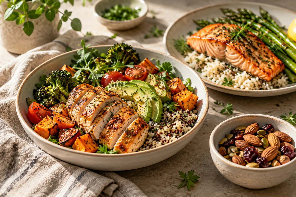 Measured chicken bowls, fish with rice, vegetable sides and snacks.