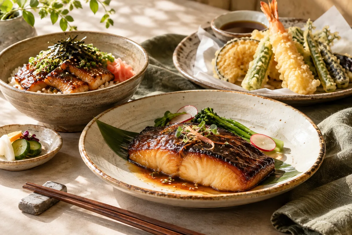 Miso fish, donburi, soba, vegetable tempura and cooked sushi rolls.