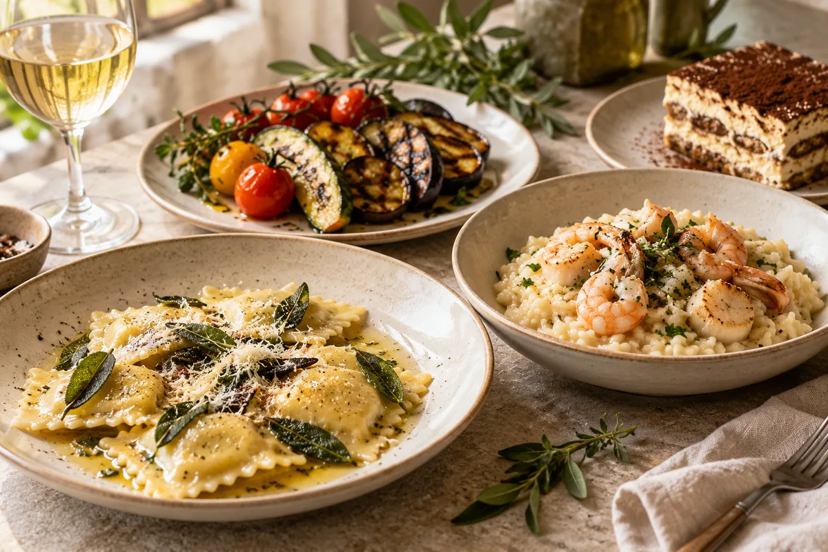Handmade ravioli, seafood risotto, grilled vegetables and tiramisu.